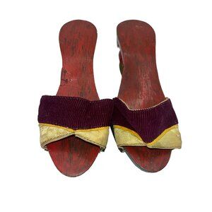 Vintage Asian Wooden Platform Sandals With Purple & Gold Fabric Accents 90k